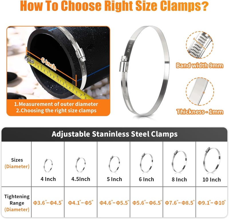 Gudui 6 Pcs 5 Inch Hose Clamps, Stainless Steel Duct Clamps for 4.5 Inch to 5.5 Inch Dryer Vent Hose, Large Adjustable Metal Pipe Clamp for Air Ducting, Plumbing, Automotive - Image 3